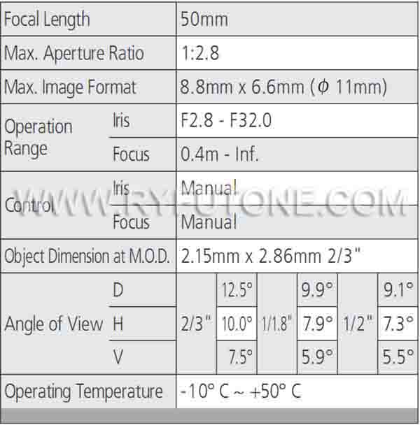 utar M5028-MPV 3 MegaPixel HD Industrial Lens 50MM Focal Length Manual Aperture F2.8